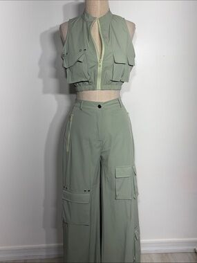 * Hot & Delicious Sage Green Cargo Wide-Leg Pants with Matching Crop Vest
